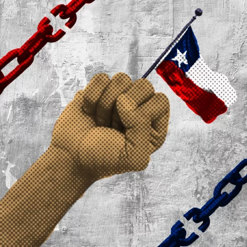 Pugno alzato con bandiera cilena ispirato a "Viva Chile!" degli Inti-Illimani, simbolo di lotta e resistenza