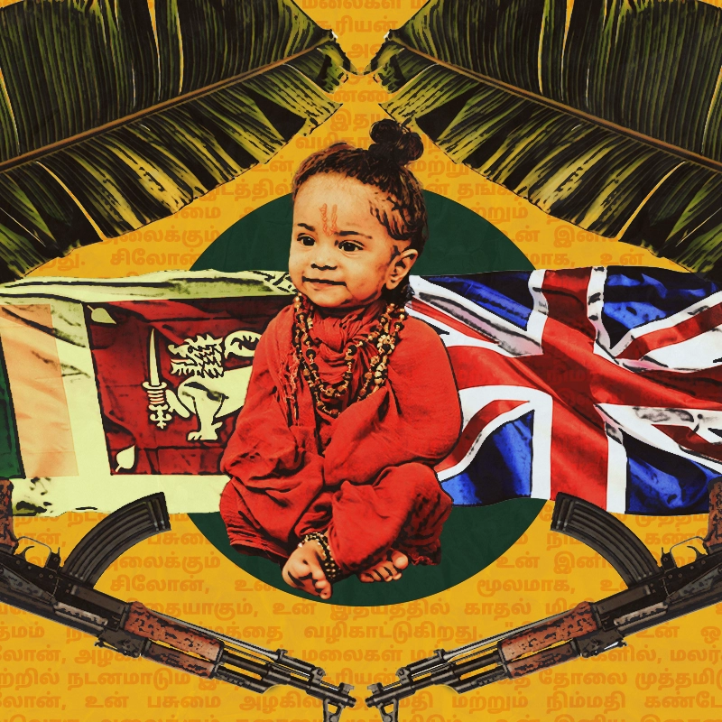 Immagine ispirata all'album "Arular" di M.I.A. con elementi iconici della cultura srilankese