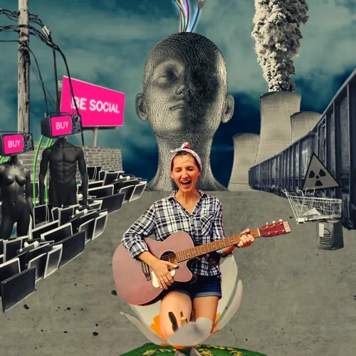 Copertina surreale ispirata a "Mondo di Cromo" di Spinetta, con temi di alienazione sociale, tecnologia e natura.