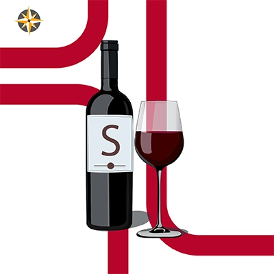 Bottiglia di vino Saperavi e bicchiere di vino rosso.