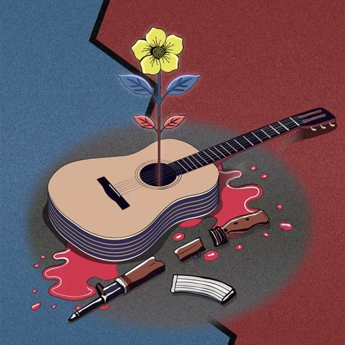 Chitarra classica con un fiore di speranza che cresce dalla buca, circondata da armi e sangue, su sfondo diviso tra rosso e azzurro, simbolo del conflitto politico colombiano degli anni '50 e '60.