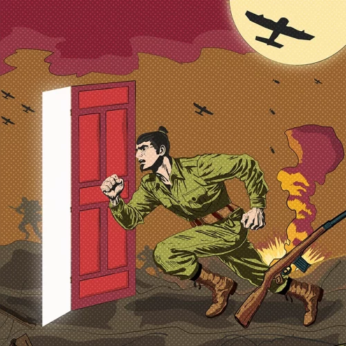 Soldato in uniforme verde fugge da un campo di battaglia attraverso una porta rossa aperta, con un fucile abbandonato a terra e il cielo pieno di aerei da guerra.