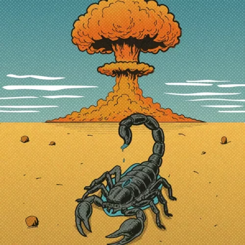Scorpione che si suicida nel deserto sotto un'esplosione nucleare