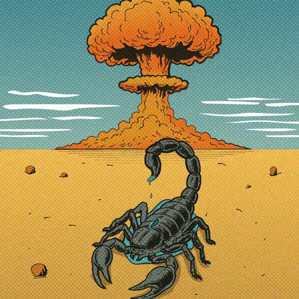 Scorpione che si suicida nel deserto sotto un'esplosione nucleare