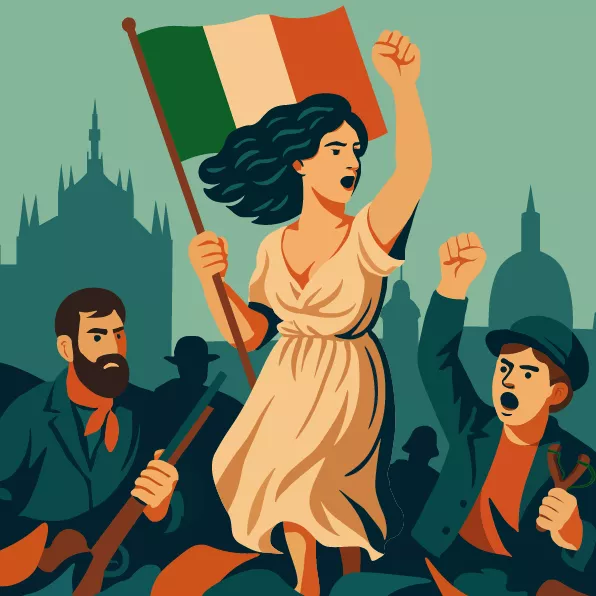 Donna in abito bianco solleva il pugno e una bandiera italiana, guidando una folla di partigiani in rivolta